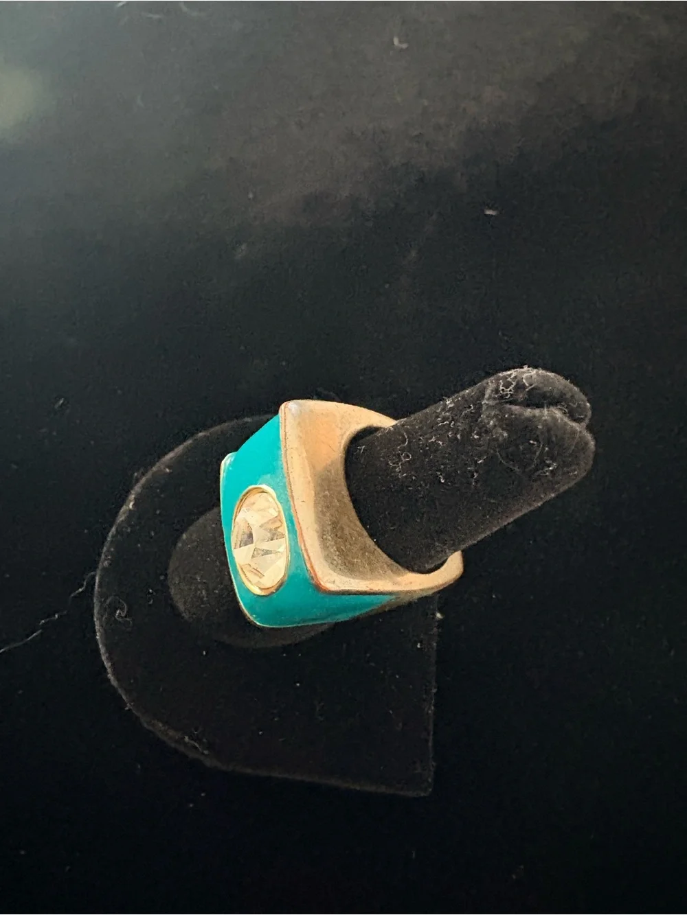 Turquoise Enamel Wide Band Ring with Clear Crystal Accent